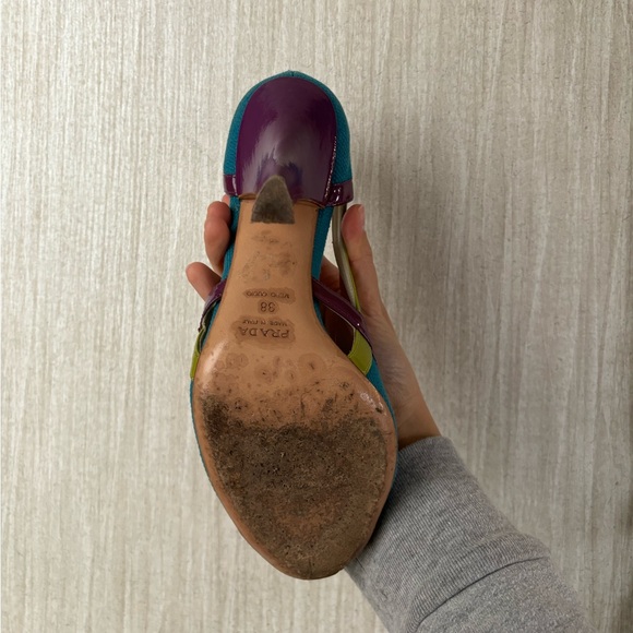 Prada Women's Teal and Purple Canvas Color Block Heels. 
Women’s size 7.5 - Picture 10 of 11
